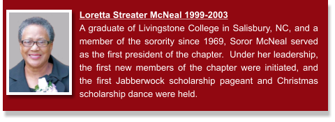 Loretta Streater McNeal 1999-2003 A graduate of Livingstone College in Salisbury, NC, and a member of the sorority since 1969, Soror McNeal served as the first president of the chapter.  Under her leadership, the first new members of the chapter were initiated, and the first Jabberwock scholarship pageant and Christmas scholarship dance were held.